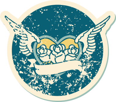 Bir insan tarafından çizilmiş çiçek ve pankartıyla uçan bir kalbin sembolik dövmeli resmi.