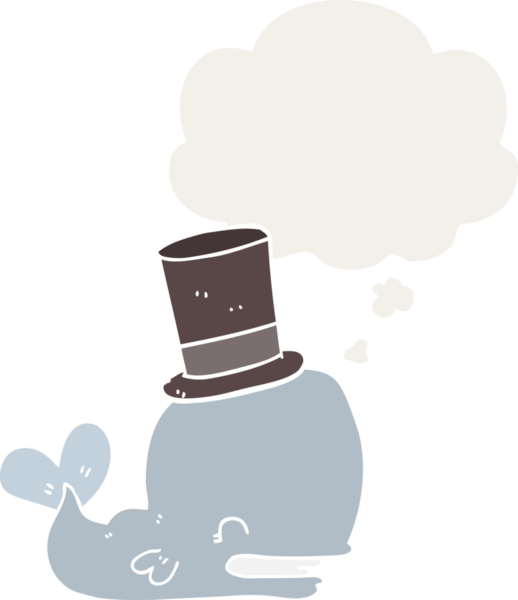 Düşünce baloncuklu silindir şapkalı bir balina insan tarafından çizilmiş.