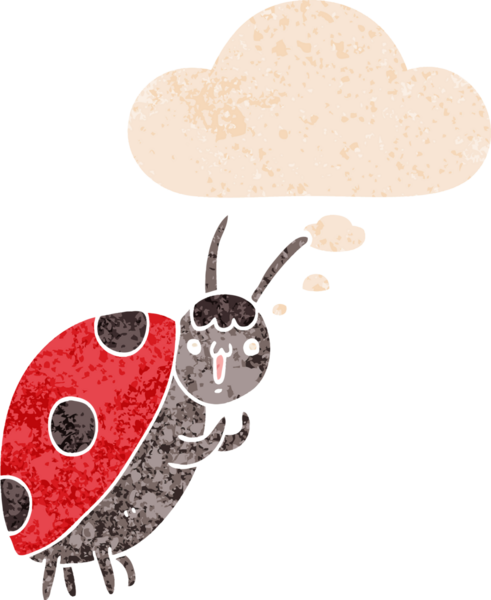 Bir insan tarafından çizilmiş grunge sıkıntılı retro tarzı düşünce baloncuğu ile sevimli uğur böceği çizgi filmi