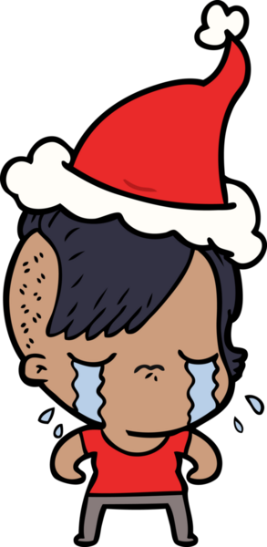Bir insan tarafından çizilmiş Noel Baba şapkası takan ağlayan bir kızın el çizimi.