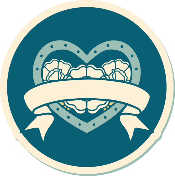 Geleneksel kalp stili dövme çıkartması ve bir insan tarafından çizilmiş çiçekli pankart.