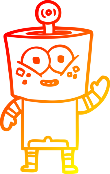 Bir insan tarafından çizilen el sallayan mutlu çizgi film robotunun sıcak çizgi çizimi