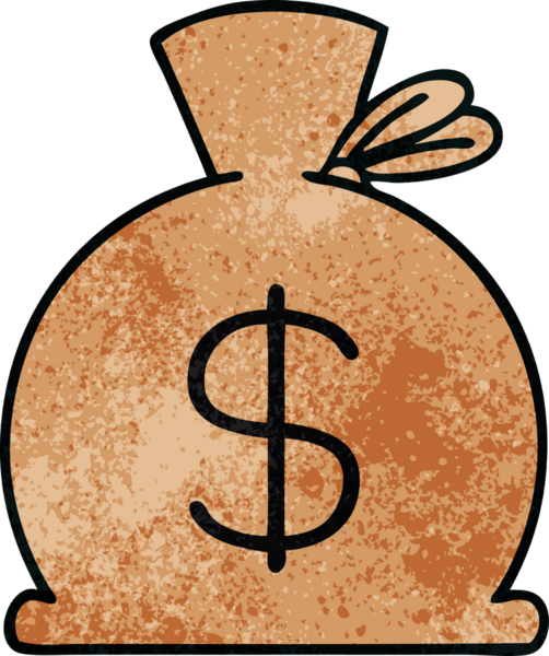 Bir insan tarafından çizilmiş para çantasının retro grunge desenli karikatürü