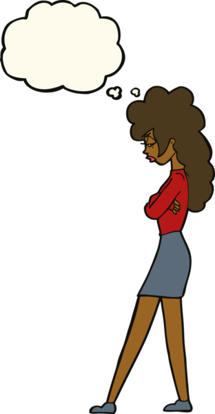 Bir insan tarafından çizilmiş düşünce baloncuğuyla rahatsız bir kadın.