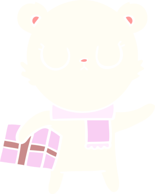 Huzurlu düz renkli karikatür kutup ayısı Noel hediyesi bir insan tarafından çizilmiş.