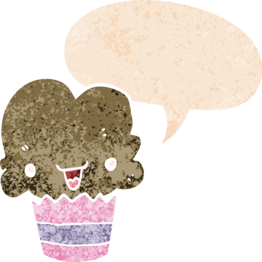 Yüzü konuşma baloncuğu olan, grunge 'da sıkıntılı, desenli bir insan tarafından çizilmiş bir kek.