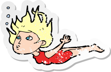 Bir insan tarafından çizilmiş su altında yüzen karikatür kadın etiketi.