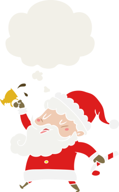 Düşünce baloncuğu olan sıcak kakaolu çizgi film Noel Baba.