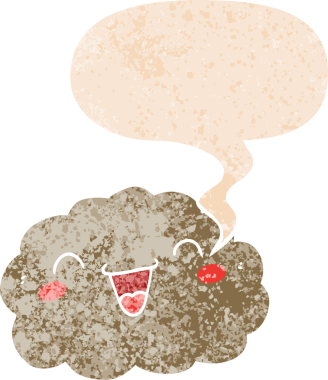 Mutlu karikatür bulutu, konuşma baloncuğu, grunge sıkıntılı retro dokuma tarzı bir insan tarafından çizilmiş.