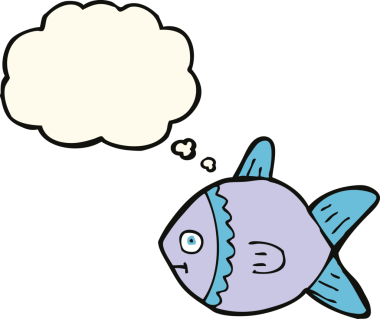 Bir insan tarafından çizilmiş düşünce baloncuklu çizgi film balığı.