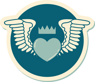 Bir insan tarafından çizilmiş kanatlı bir kalbin geleneksel stiliyle dövme çıkartması.