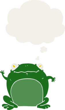 Düşünce baloncuğu olan bir kurbağa insan tarafından çizilmiş.