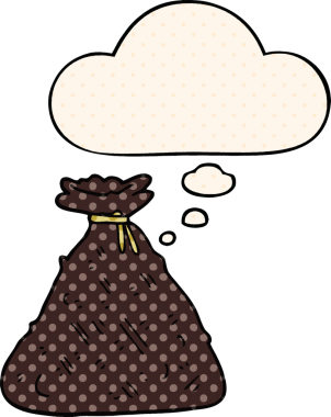 Çizgi roman tarzında bir insan tarafından çizilmiş düşünce baloncuklu eski bir Hess çuvalı.