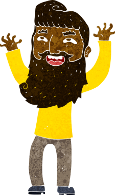 Çizgi film mutlu sakallı adam bir insan tarafından çekilen kolları sallıyor.