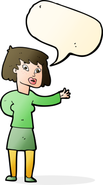 Bir insan tarafından çizilen konuşma baloncuğuyla açıklayan çizgi film kadını.