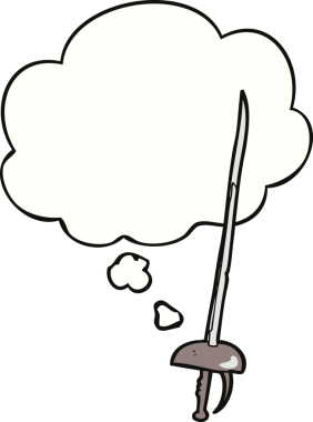 Bir insan tarafından çizilmiş düşünce baloncuklu çizgi film kılıcı.