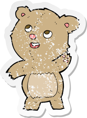 Bir insan tarafından çizilmiş sevimli el sallayan oyuncak ayının gerilimli geçmiş çıkartması.