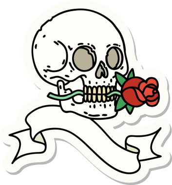 Bir insan tarafından çizilmiş kafatası ve gül şeklinde dövme stili.