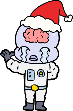 Bir insan tarafından çizilmiş Noel Baba şapkasıyla ağlayan büyük beyinli bir uzaylının el çizimi.