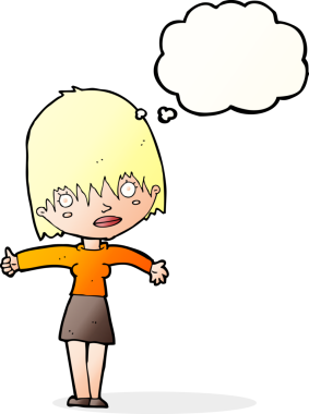 Bir insan tarafından çizilmiş düşünce baloncuğu olan meraklı bir kadın.