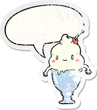 Konuşma baloncuklu tatlı çizgi film dondurması bir insan tarafından çizilmiş sıkıntılı eski bir çıkartma