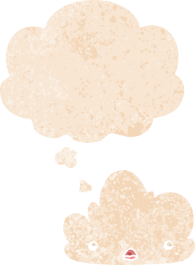 Düşünce baloncuğu ve grunge ile sevimli çizgi film bulutu bir insan tarafından çizilmiş sıkıntılı retro dokuma tarzı