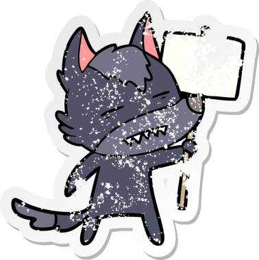 Bir insan tarafından çizilmiş dişlerini gösteren işaret levhası olan bir karikatür kurdunun sıkıntılı çıkartması.