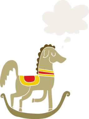 Bir insan tarafından çizilmiş, düşünce baloncuklu çizgi film sallanan atı.