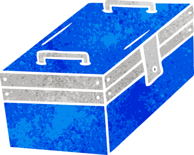 Metal bir alet kutusunun insan eliyle çizilmiş karikatür karikatürü.