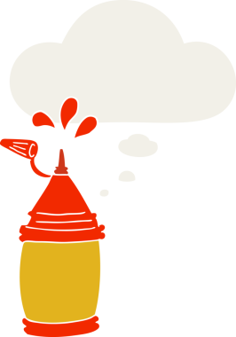 Düşünce baloncuklu ketçap şişesi insan tarafından çizilmiş.