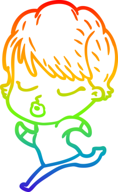 Gökkuşağı gradyan çizgi çizimi bir insan tarafından çizilmiş gözleri olan bir karikatür kadın