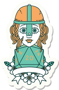 Bir insan tarafından çizilmiş doğal 20 D20 ruloya sahip bir insan dövüşçüsünün çıkartması.