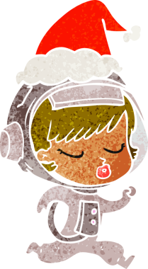 Bir insanın çizdiği Noel Baba şapkasıyla koşan güzel bir astronot kızın el çizimi karikatürü.
