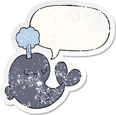 Konuşma baloncuğu olan şirin bir balina, bir insan tarafından çizilmiş sıkıntılı eski bir çıkartma.