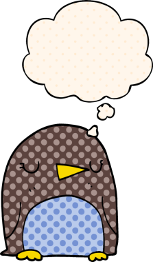 Çizgi roman tarzında bir insan tarafından çizilmiş düşünce baloncuğu olan penguen.