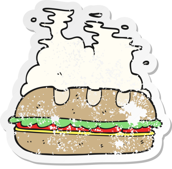 Bir karikatürün gerilimli çıkartması. Bir insan tarafından çizilmiş kocaman bir sandviç.