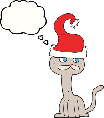 Bir insan tarafından çizilmiş Noel şapkası giyen serbest çizim baloncuk çizgi film kedisi.