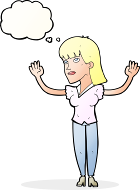 Çizgi filmdeki kadın bir insan tarafından çizilmiş düşünce balonuyla ellerini havaya kaldırıyor.