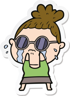 Bir insan tarafından çizilmiş güneş gözlüğü takan, ağlayan bir kadının çıkartması.