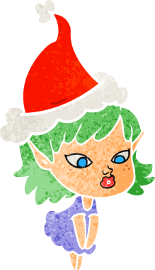 Bir insan tarafından çizilmiş Noel Baba şapkası takan elf bir kızın güzel el çizimi karikatürü