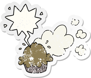 Konuşma baloncuğu olan şirin bir çizgi film pastası bir insan tarafından çizilmiş sıkıntılı eski bir çıkartma.