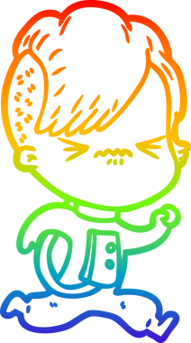 Gökkuşağı gradyan çizgi çizimi. Bir insan tarafından çizilmiş uzay elbisesi giymiş sinirli bir hippi kız çizimi.