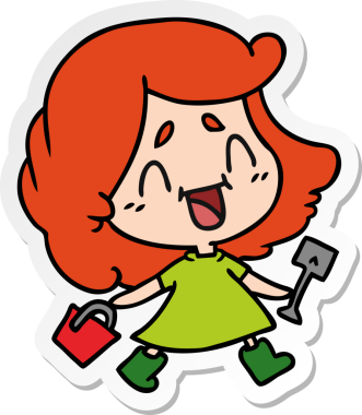 Bir insan tarafından çizilmiş kovalı ve kürekli tatlı kawai kızının serbest sticker karikatürü.