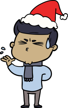 Bir insan tarafından çizilmiş Noel Baba şapkası giymiş terleyen bir adamın el çizimi.