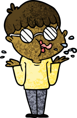 Gözlüklü çizgi film çocuğu bir insan tarafından çizilmiş omuz silkiyor.