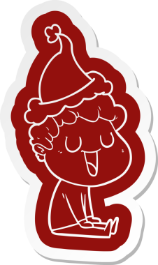 Bir insan tarafından çizilmiş Noel Baba şapkası giyen bir adamın komik çizgi film çıkartması.