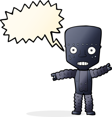 Bir insan tarafından çizilmiş konuşma balonu olan çizgi film robotu.