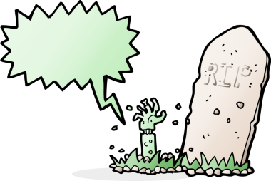 Bir insan tarafından çizilmiş konuşma baloncuğuyla mezardan yükselen bir zombi çizgi filmi.