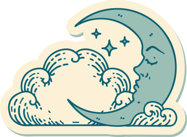 Hilal şeklinde geleneksel dövme çıkartması ve bir insan tarafından çizilmiş bulutlar.