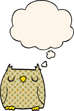 Bir insan tarafından çizilmiş çizgi roman tarzında düşünce baloncuğu olan sevimli bir baykuş.
